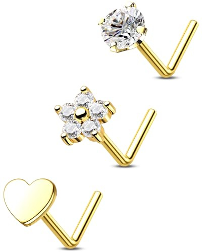 OUFER 3PCS 20G Nasenpiercing Titan G23 L-förmig Nasenring Herz Blume Klar CZ Gold Piercing Nase Nose Screw Körperpiercing für Damen 7 mm