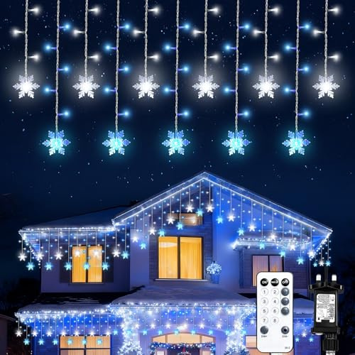 Icicle Outdoor Christmas Lights with Snowflake,Icicle Lights10M/32.8Ft Mains Powered Connectable Waterproof 8 Modes 4 Brightness Levels Timer for House Gutter,Window,Xmas Decorations,Blue White