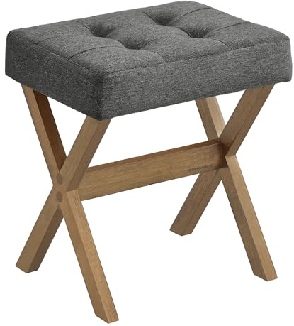 SONGMICS Sgabello da Trucco, Sgabello Toeletta Imbottito, Poggiapiedi, Gambe in Legno, Camera da Letto Cabina Armadio Ingresso, 32 x 42 x 46 cm, Grigio Ardesia e Marrone LSF006GN01
