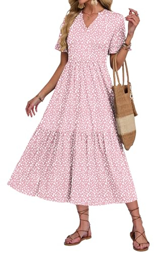 AUSELILY Vestidos Largo Verano Mujer Cuello en V Manga Corta Volante | Vestido Playa Mujer Largo Ligero y Aireado con Bolsillos Cintura Elástica Falda Escalonada Informal