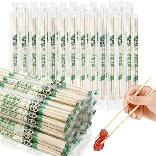 Acellegic 300 Pairs Bamboo Disposable Chopsticks Bulk 8 Inch Round Separated Wooden Chopsticks Individually Wrapped in Clear Sleeve Film for Take out Orders Restaurants Picnics(Panda Pattern)