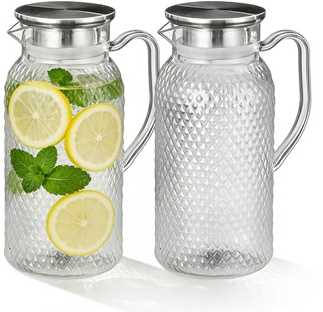 Bqkroa 2 brocca in plastica da 1800 ml, con coperchio: brocca per acqua in acrilico trasparente di alta qualità, senza BPA, robusta e durevole, in plastica, per cucina, ufficio, feste e gastronomia