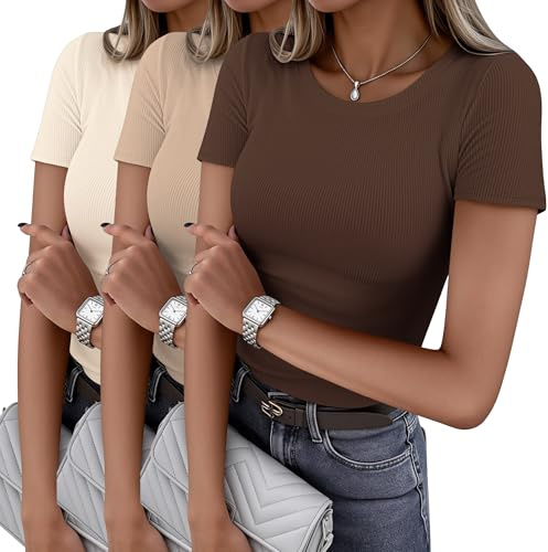 Ekouaer Dam 3-pack ribbade T-shirts rund hals basic kortärmad toppar stretch anpassad sommar magtröja topp estetiska streetwear