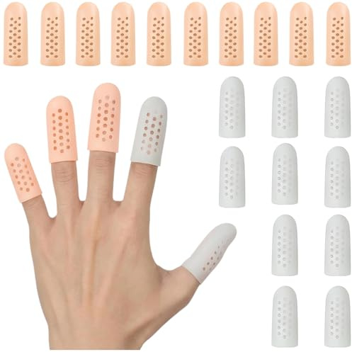 ROVENLIFEGO 20Pcs Gel Finger Cots Silicone Finger Protectors for Trigger Finger, Arthritis, Eczema, Cracked Skin, Blisters, 2 Colors Breathable Finger Sleeves with Hole