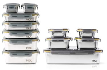 Pika | Lot de 12 boites alimentaires en inox | Batch cooking | Compatible au micro-ondes, four, congélateur | Rangement facile