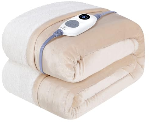 Westinghouse Heated Throw Blanket, Soft Flannel to Sherpa Electric Throw with 6 Heating Levels, 2-10 Hours Time Settings, Fast Heating, Machine Washable 50x60 Inch, Ivory