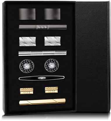 JeweBella 10/12 Stück Krawattenklammer Manschettenknöpfe Herren Klassischer Business-Stil Krawattennadel Manschettenknöpfe Silber Gold Schwarz Set Hochzeit Festival Geschenk Box Set
