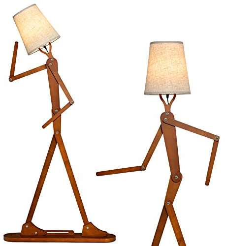 COSTWAY Lampada da Terra in Legno, Piantana Umanoide Decorativa ad Angolo con Articolazioni Regolabili, Paralume in Tessuto e Interruttore a Pedale, Lampa a Stelo da Salotto e Camera da Letto