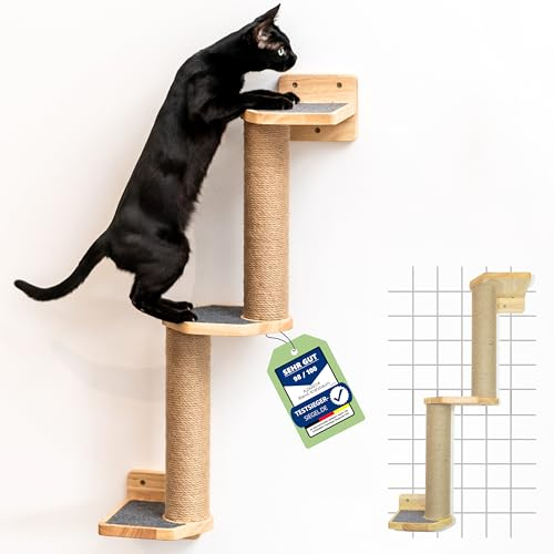 AZANO® Kletterwand Katzen [Massivholz & Jute] I Kratzbaum Wand | Kratzbrett | Katzentreppe I Katzen Wand Klettern I Katzenwand I Wandkratzbaum I Katzenmöbel | mit 3 Aufbau Optionen (Grau)