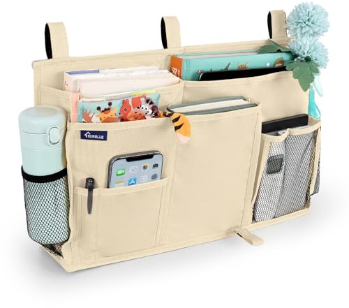 Surblue Bedside Caddy Hanging Organizer Storage Bag Pocket for Bunk, Hospital, College Dorm Rooms, Baby Bed Rails, Camp - 8 Pockets, Large, Beige