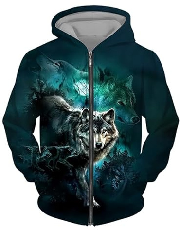 DOBOKS Loup imprimé en 3D Sweat à Capuche zippé pour Hommes Mode Motif Animalier Streetwear Punk Style Oversized Veste de survêtement zippée