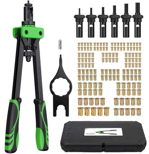 eSynic Heavy Duty Rivet Nut Gun Rivnut Tool 14 Inch Rivnut Tool Kit Pop Rivet Nut Tool Set Double Hands Riveter Nut Gun with 150pcs Nuts Include M3/4/5/6/8/10 Rivet Nut Tools to Make Your Work Easier