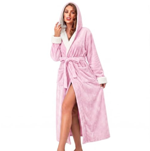 RONGTAI Women's Plush Fleece Hooded Bathrobe, Thick Nightgown Long Coat Nightwear with Two Side Pockets and Belt