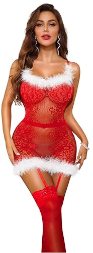RSLOVE Babydolls Sexy Lingerie Set - Mrs Claus Costume Women Sexy Xmas Outfit with Garter Belt One Size Red