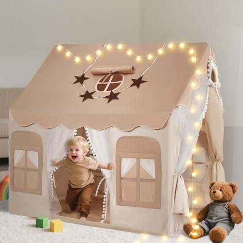 snookids Tente Enfants Interieure - Maison de Jeu intérieure pour Enfants avec Tapis, lumières, pendentifs Arc-en-Ciel et Drapeau étoilé, Tente de Jeu tipi pour la décoration de Chambre d'enfants