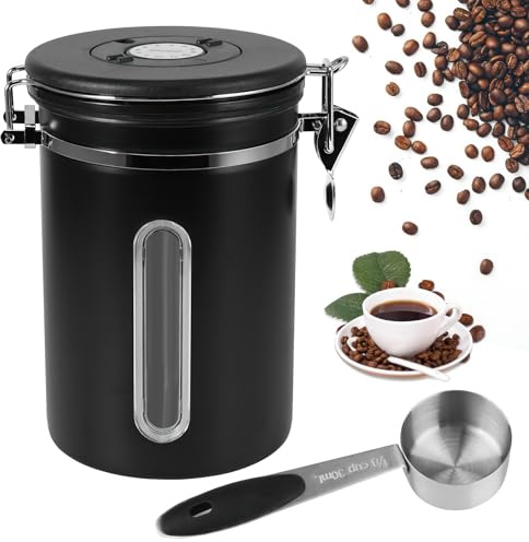 Lata de café hermética - Contenedor de café en grano de acero inoxidable de 1,8 l, recipiente de almacenamiento de café en grano al vacío con cuchara medidora, válvula de CO2 y fecha de caf (Negro)