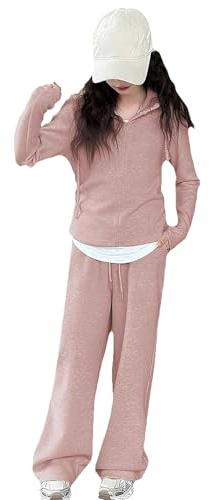 amropi Chándal Niña Sudadera Chaqueta con Capucha y Cremallera y Pantalón Ancho Conjunto de 2 Piezas Rosa,11-12 años