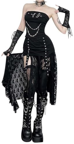M&Catree gotisk spetskjol asymmetrisk fåll punk vintage stil steampunk viktoriansk midikjol svart flödande kjol