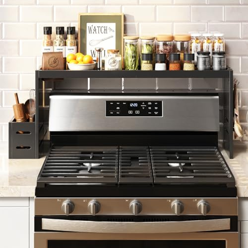 MAICHUAN Bamboo Stove Shelf, Spice Shelf for Kitchen Stove, 31in Over the Stove Shelf, Stove Top Shelf for Back of Stove with EVA Kitchen Liner, Utensil Holder & 6 Hooks, for Over Stove(Black)