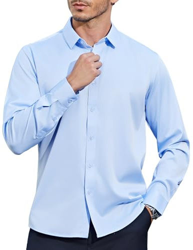 Mauro Kane Camicia Uomo No Stiro Manica Lunga - Camicia Elegante da Uomo con Una Lucentezza Tenue, Regular Fit Business Casual, Antipiega con Bottoni Blu L