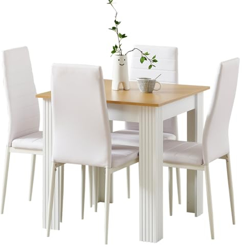 Rainbow Tree Modern 5 Piece Dining Room Table and Chairs Set, Wooden Square Table with 4 Chairs for Small Space Apartment Space Saving (White+Oak Top Table+4 White Leather Chair)