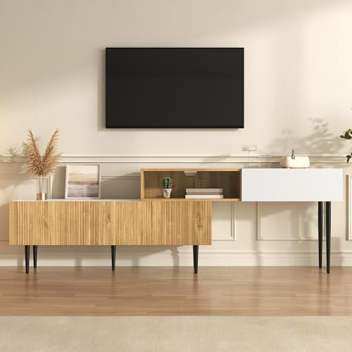 Merax TV-Schrank Modern 2-teilig Verstellbar Länge, TV Lowboard Sideboard mit Kippsicherung, Holzoptik Weiß & Schwarze Metallbeine, Modulares Möbel für Wohnzimmer
