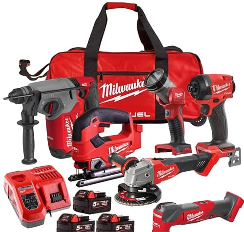 Milwaukee M18FPP6L3-503B 18V Cordless Brushless 6 Piece Tool Kit with 3 x 5.0Ah Batteries, Charger & Bag