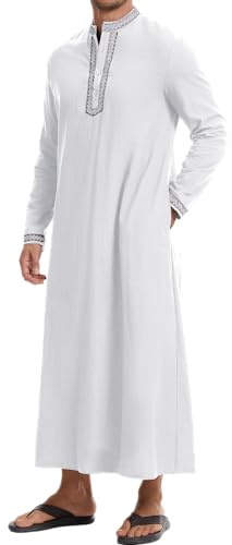 NANAMEEI Kaftan Herren Langarm Baumwolle Leinen Arabische Robe Festlich Gebetskleidung Weiß XL