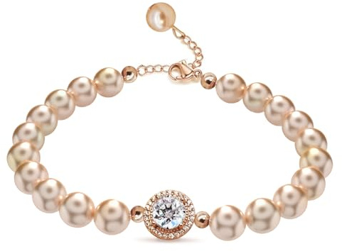 Bracciale in perle di moissanite, diamante moissanite coltivato in laboratorio da 2CT, placcato in oro rosa 18K, bracciale in perle d'acqua dolce regolabile, bracciale dorato, regalo per donne.