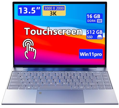13,5-Zoll tragbarer Touchscreen-Laptop, (16 GB RAM, 512 GB SSD), 3K (3000×2000) IPS, Celeron N95-Prozessor mit bis zu 3,4 GHz, hintergrundbeleuchtete Tastatur, Fingerabdruckentriegelung, W11