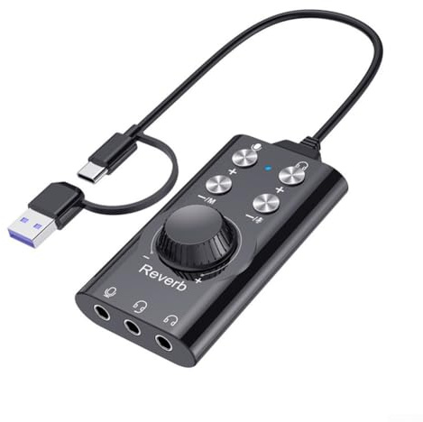 Scheda audio USB/USB C, adattatore audio stereo esterno 16bit/48kHz con controllo del volume per cuffie desktop per PC, laptop, nero