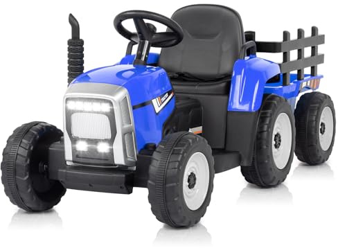 LEADZM 12V Tracteur Électrique pour Enfants avec Remorque Amovible, Véhicule Électrique Enfant avec Lumière LED, Musique et Klaxon, Télécommande 2,4 GHz Bleu