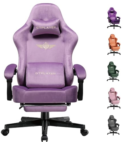 GTPLAYER Fabric Gaming Chair, Ergonomic Computer Chair with Footrest and Lumbar Support Height Adjustable Home Office with 360°-Swivel Seat and Headrest Light Purple