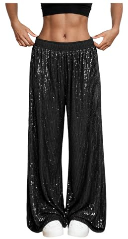 Pantalon Paillette Femme Disco Brillant Jambes Larges Pantalons Taille Basse Rétro Décontracté Pantalon de Soirée Clubwear Streetwear Baggy Femmes Soirées Danse Hip Hop Jazz Pants de Carnaval