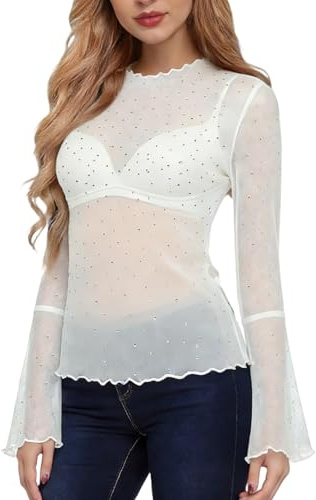 Sahunfri Mesh Tops with Rhinestones for Women Long Sleeve Sheer Tops Bell Sleeves Blouse Going Out Tops Sexy Shirt See Through for Travel Party Daily Wear