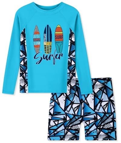 ZOEREA UV Badeshirt Jungen Zweiteilig Langarm Set | Schwimmshirt und Badeshorts für Kinder | Schnelltrocknende UV Kleidung für Strand und Pool 11-12 Jahre