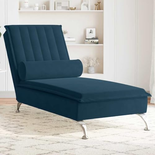 Ziaphsol Chaise longue de massage bleue avec traversin, housse en velours, 137 x 56 x 75 cm, fonction vibration USB, lattes en contreplaqué, pieds en métal, pour salon et coin lecture