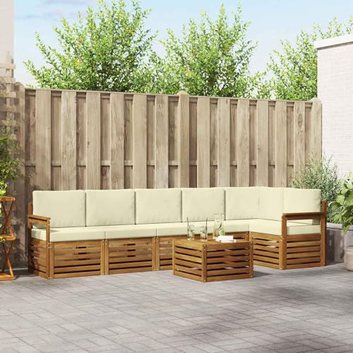 mzdioop Corner Sofa Set 7-Piece with Cushion Set Made of Solid Acacia Wood Natural and Cream, Modular Combinable for Patio, Garden, Balcony, Seating Group Ensemble for Relaxing and Dining