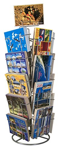 GERSO Theken-Kartenständer drehbar mit 18 Fächern für Postkarten 105x150 mm – Quer- & Hochformat – inkl. Topschild – silber pulverbeschichtet