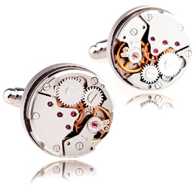 HONEY BEAR 1 Paar Rund Herren Manschettenknöpfe Cufflinks Steampunk Nicht-Bewegung Watch mit Geschenk Box (Silber)