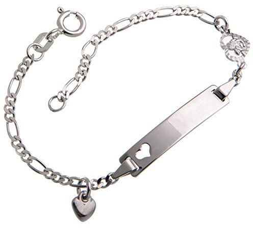 Silberketten Store Baby- & Kinder ID Armband mit Herz & Anhängern inkl. Gravur & Geschenksäckchen I aus 925 Silber gefertigt I nickelfrei für Allergiker geeignet I 10 Schriftarten I 16 cm