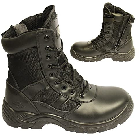 POWCOG Mens Delta Side Zip & Lace Up Army Tactical Combat Boots, Steel Toe, Oil & Slip Resistant For Work, Security, Cadet, Police, Military, Hiking