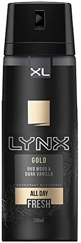 Lynx Men Gold Deodorant Body Spray with an oud wood & fresh vanilla scent with 48 hours of odour busting, high defnition fragrance 200 ml, Pack of 6 (Packing may vary)