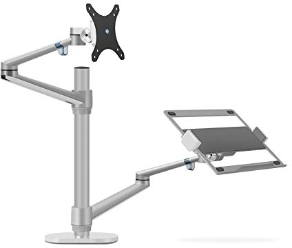 Thingy Club Dual Arm Monitor & Laptop Mount, Desk Mount Stand for up to 30 inch Computer Screen and 12-17 inch Laptop, Height Adjustable, Swivel at Any Angle, Each Arm Supports 8KG (Silver)