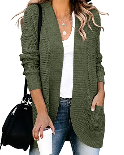 Saodimallsu Dam lös öppen framsida cardigan långärmad ledig lätt mjuk stickad tröja kappa med fickor (stor, blå), Armégrönt, XL