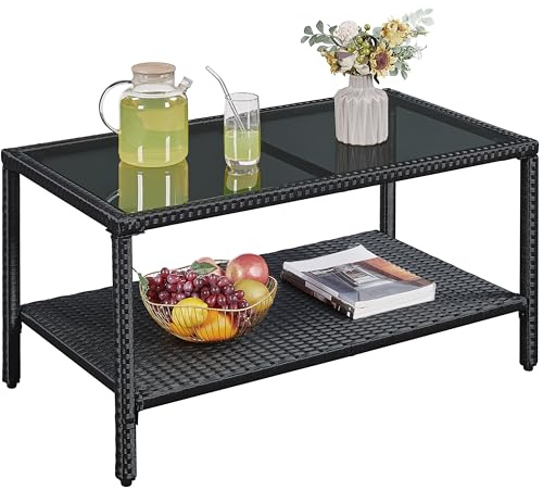 Yaheetech Table Basse de Jardin Style Rotin Table Jardin Résine Tressée Plateau Verre Trempé 5 mm avec Etagère pour Salon Patio Terrasse 92 x 50 x 47 cm Gris