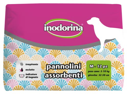 Inodorina, Couches absorbantes jetables, technologie respirante et indicateur de mouille, avec trou pour queue et ailettes longues, pour chiens pesant 5-10 kg, taille M, 12 pièces