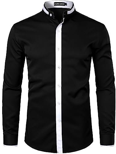 PARKLEES Men's Slim Fit Long Sleeve Button Up Casual Band Collar Shirts PZLCL34-Black L