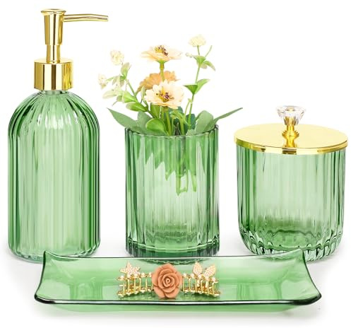 Haturi Set di accessori per il bagno, 4 pezzi in vetro verde, set completo di dispenser di sapone per lozione, portaspazzolino, barattolo da farmacia, vassoio da toeletta, decorazione per il bagno,
