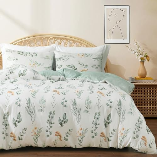 Sacebeleu Bettwäsche 155x220 cm Grün Weiß Blätter Blumen Muster Pflanzen Wende Bettwäsche Set Bunt Microfaser Bettbezug mit Reißverschluss und 1 Kissenbezug 80x80 cm